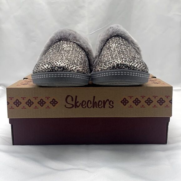 Skechers Woman's Cozy Campfire Pewter Dream Glam Metallic Faux Fur Slippers - Picture 2 of 14